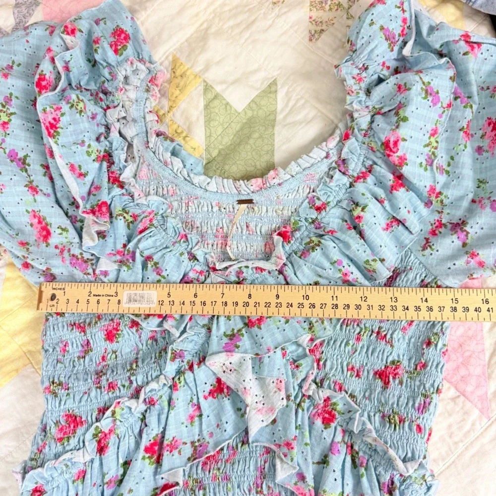 Free People Favorite Girl Floral Ruffle Smocked Top Blue Pink Cotton Size M